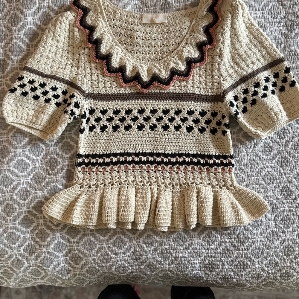 COPY - Ulla Johnson Cream and Black Crew Neck Sweater with Geometric Patterns